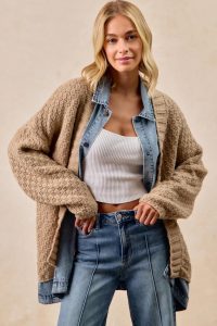Long Cardigan Sweater With Washed Denim: Jean Patchwork