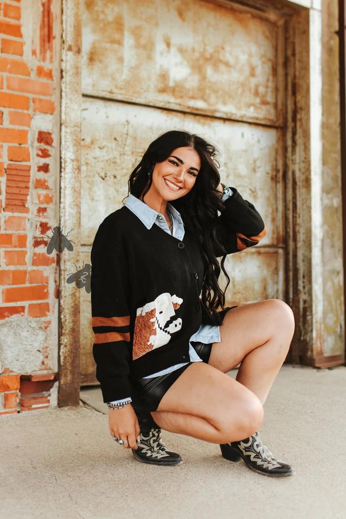 Black Western Style Cardigan: Texas Cowgirl Highland Cow