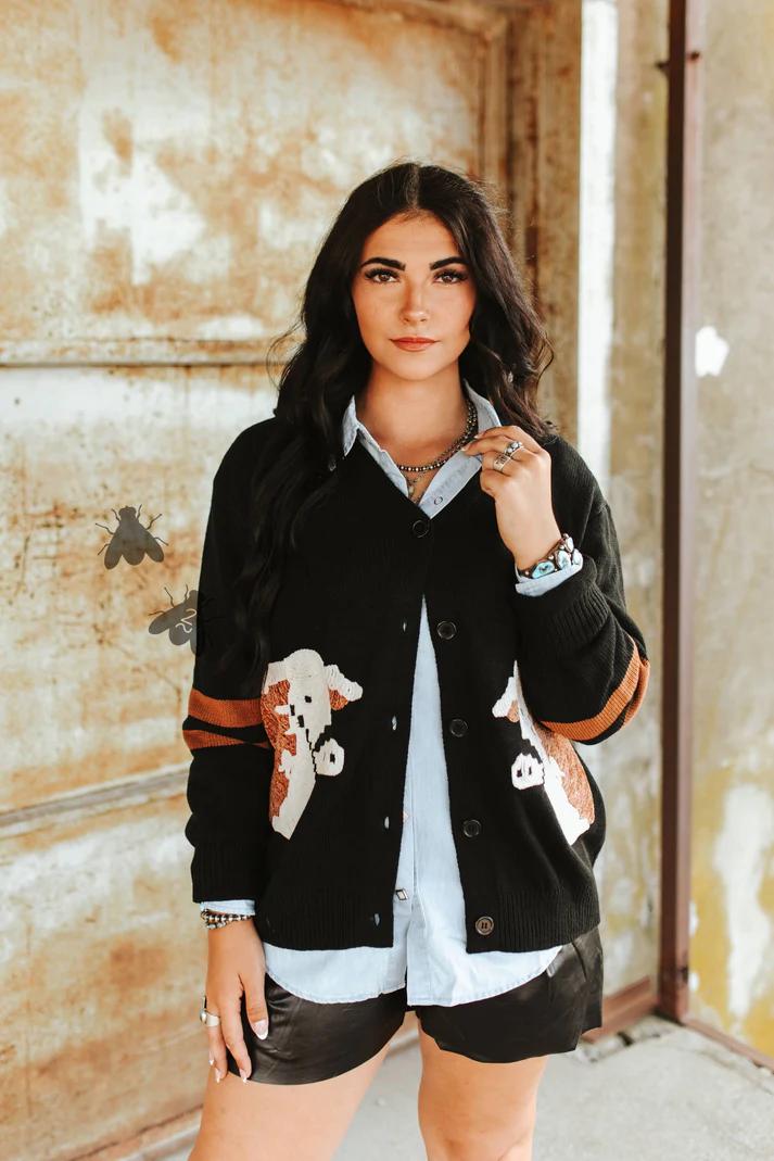 Black Western Style Cardigan: Texas Cowgirl Highland Cow