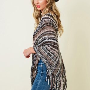 Boho Fringe Knit Poncho: Multicolor Striped Fall Layering