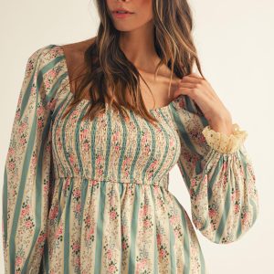 Vintage Floral Western Style Dress Lace Trim Puff