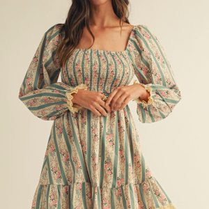 Vintage Floral Western Style Dress Lace Trim Puff