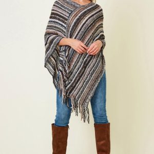 Boho Fringe Knit Poncho: Multicolor Striped Fall Layering