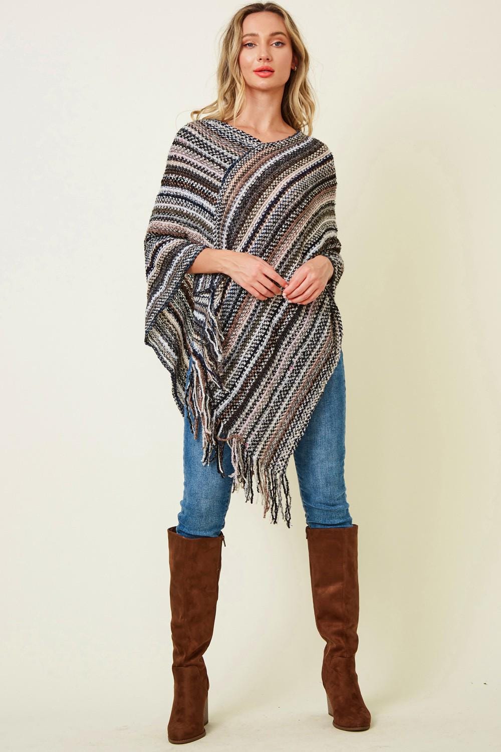 Boho Fringe Knit Poncho: Multicolor Striped Fall Layering