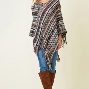 Boho Fringe Knit Poncho: Multicolor Striped Fall Layering