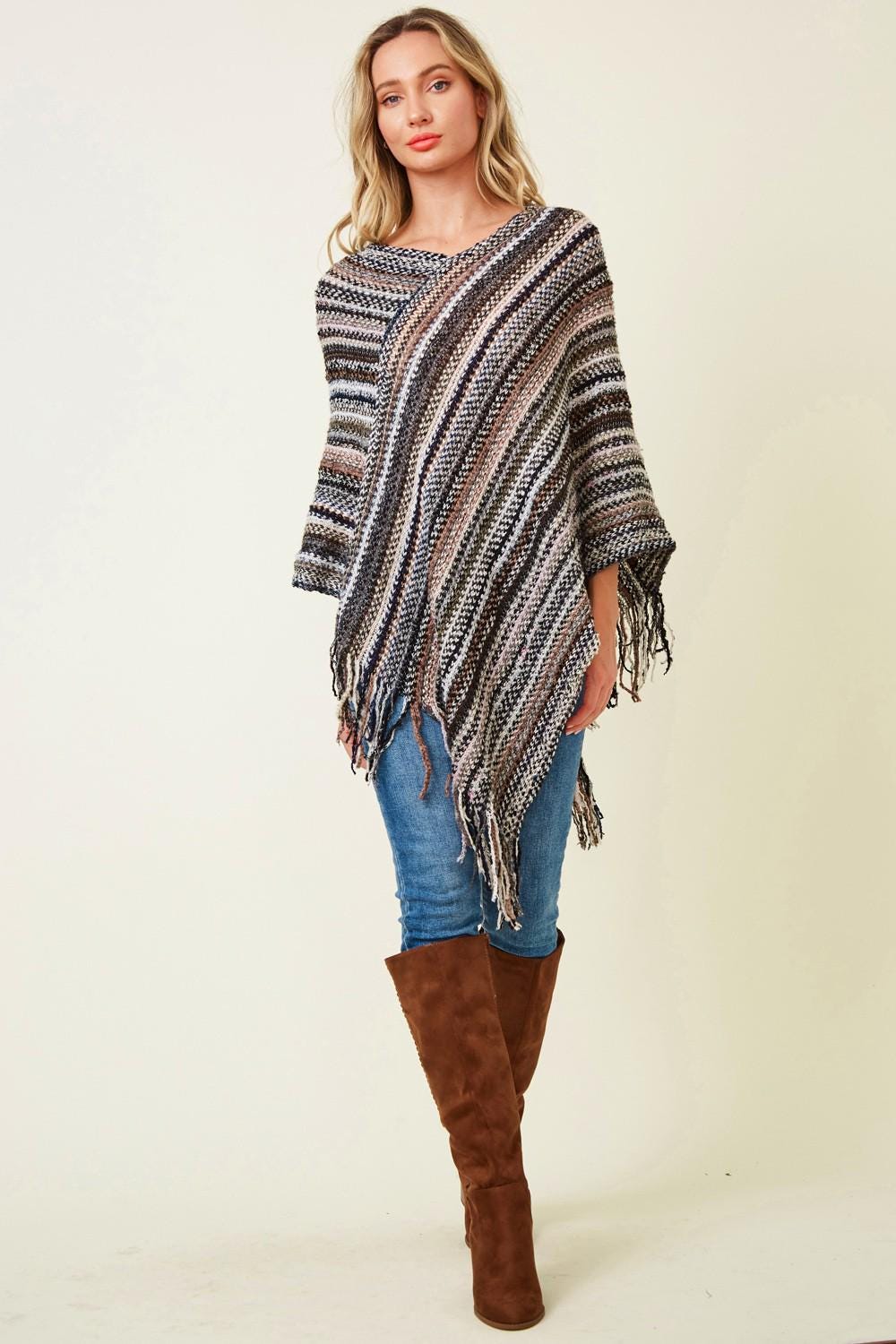 Boho Fringe Knit Poncho: Multicolor Striped Fall Layering