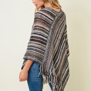 Boho Fringe Knit Poncho: Multicolor Striped Fall Layering