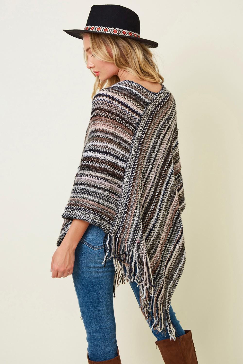 Boho Fringe Knit Poncho: Multicolor Striped Fall Layering