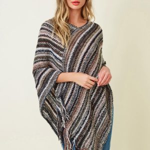 Boho Fringe Knit Poncho: Multicolor Striped Fall Layering