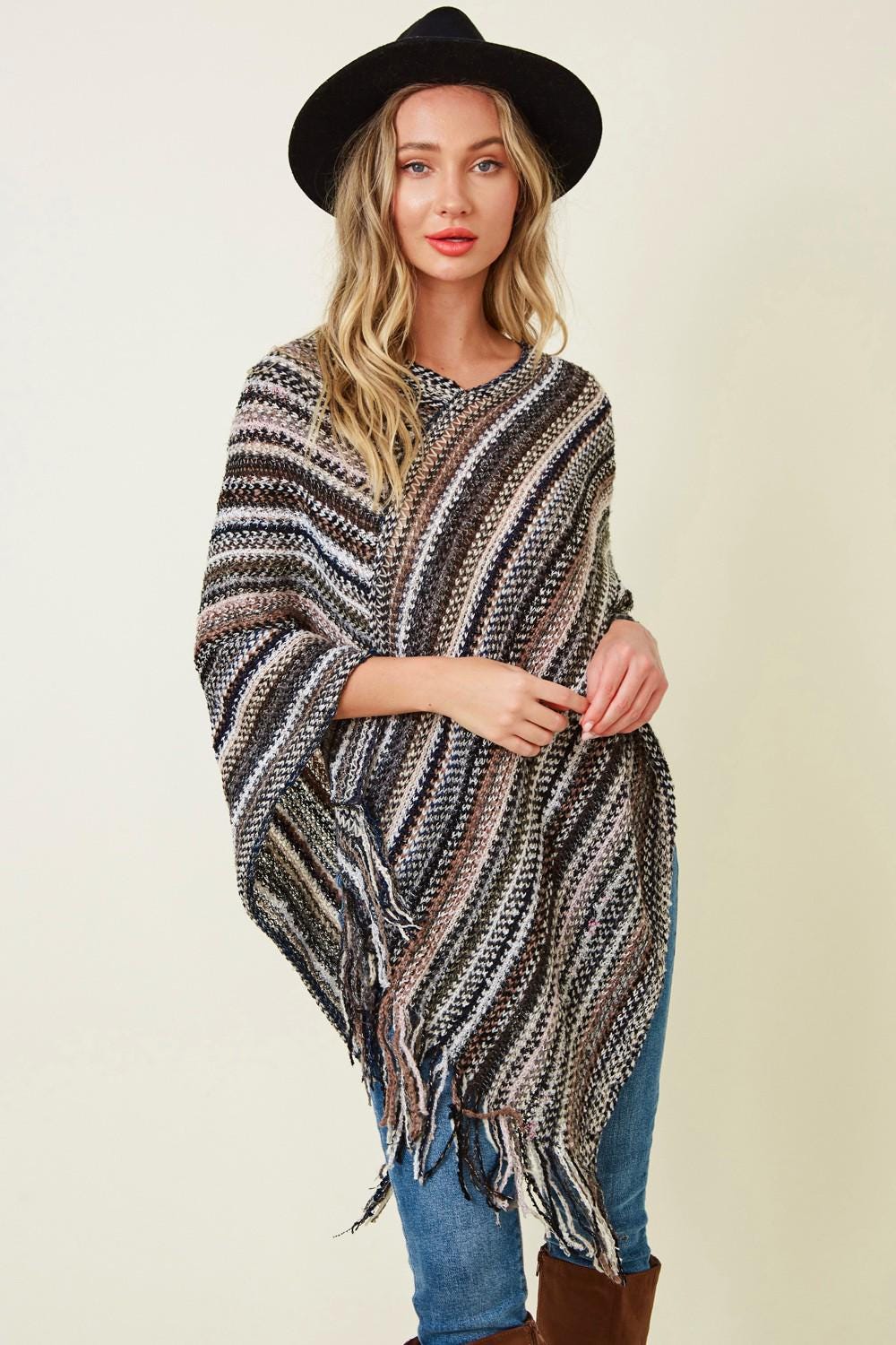 Boho Fringe Knit Poncho: Multicolor Striped Fall Layering