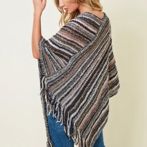 Boho Fringe Knit Poncho: Multicolor Striped Fall Layering