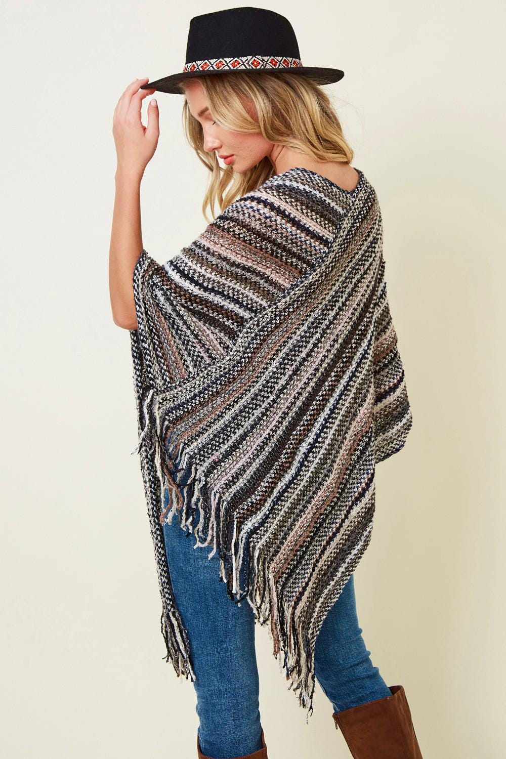 Boho Fringe Knit Poncho: Multicolor Striped Fall Layering