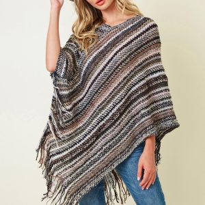 Boho Fringe Knit Poncho: Multicolor Striped Fall Layering