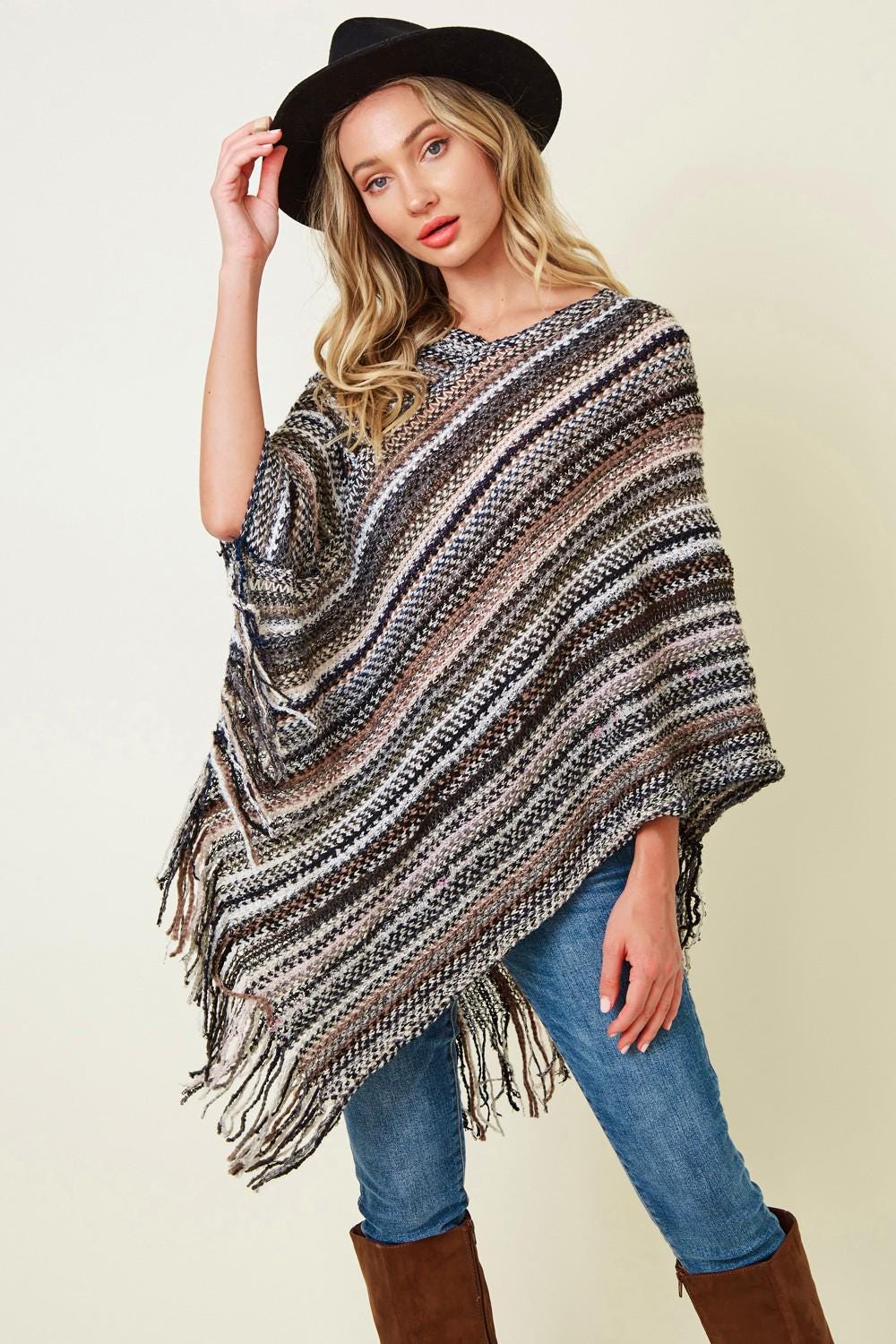 Boho Fringe Knit Poncho: Multicolor Striped Fall Layering