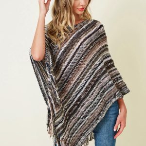 Boho Fringe Knit Poncho: Multicolor Striped Fall Layering