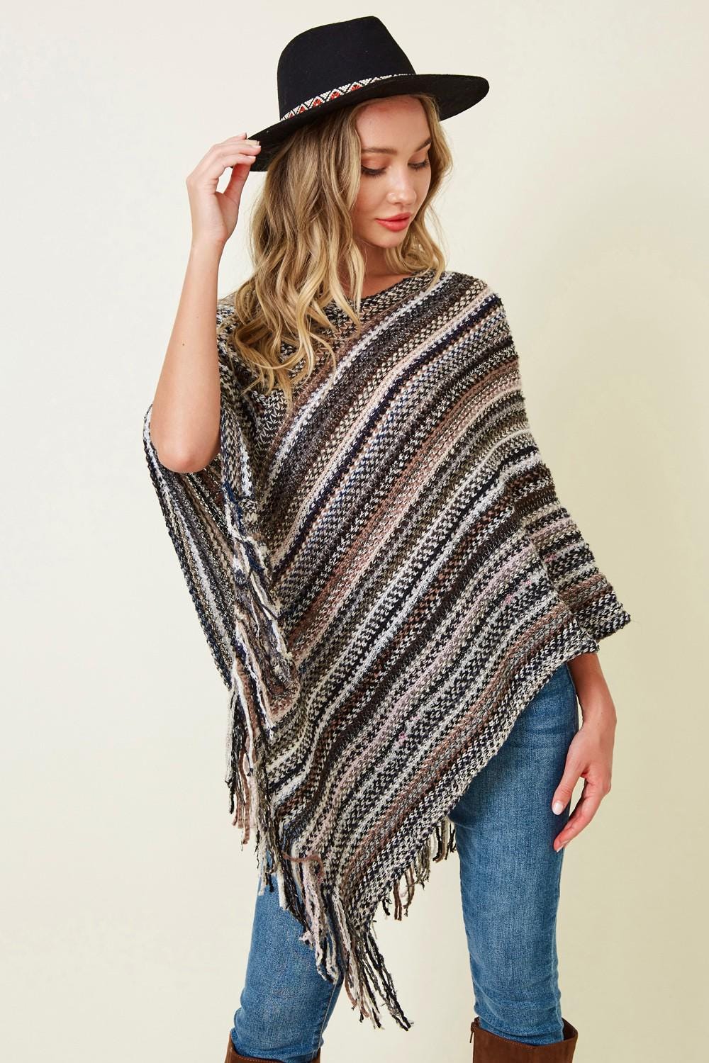 Boho Fringe Knit Poncho: Multicolor Striped Fall Layering