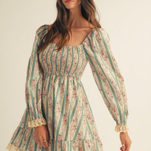 Vintage Floral Western Style Dress Lace Trim Puff