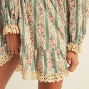 Vintage Floral Western Style Dress Lace Trim Puff