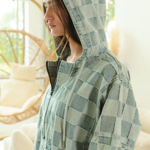 Blue Denim Checkered Pullover Hoodie Soft Woven Texture
