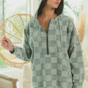 Blue Denim Checkered Pullover Hoodie Soft Woven Texture