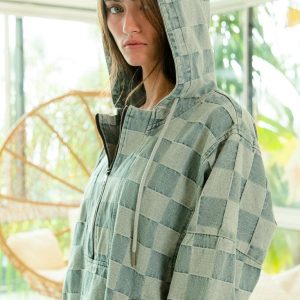Blue Denim Checkered Pullover Hoodie Soft Woven Texture