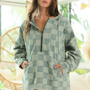 Blue Denim Checkered Pullover Hoodie Soft Woven Texture