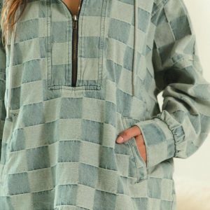 Blue Denim Checkered Pullover Hoodie Soft Woven Texture