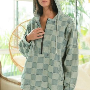 Blue Denim Checkered Pullover Hoodie Soft Woven Texture