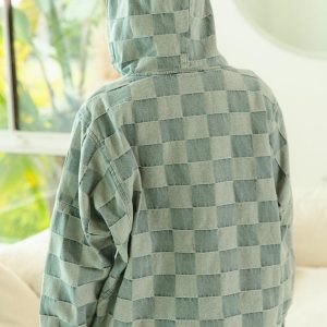 Blue Denim Checkered Pullover Hoodie Soft Woven Texture