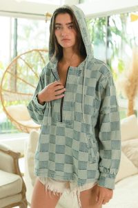 Blue Denim Checkered Pullover Hoodie Soft Woven Texture