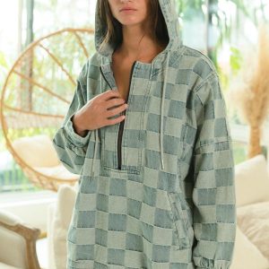 Blue Denim Checkered Pullover Hoodie Soft Woven Texture