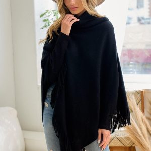 Black Cowl Neck Poncho: Lightweight Fringe Trim Shawl