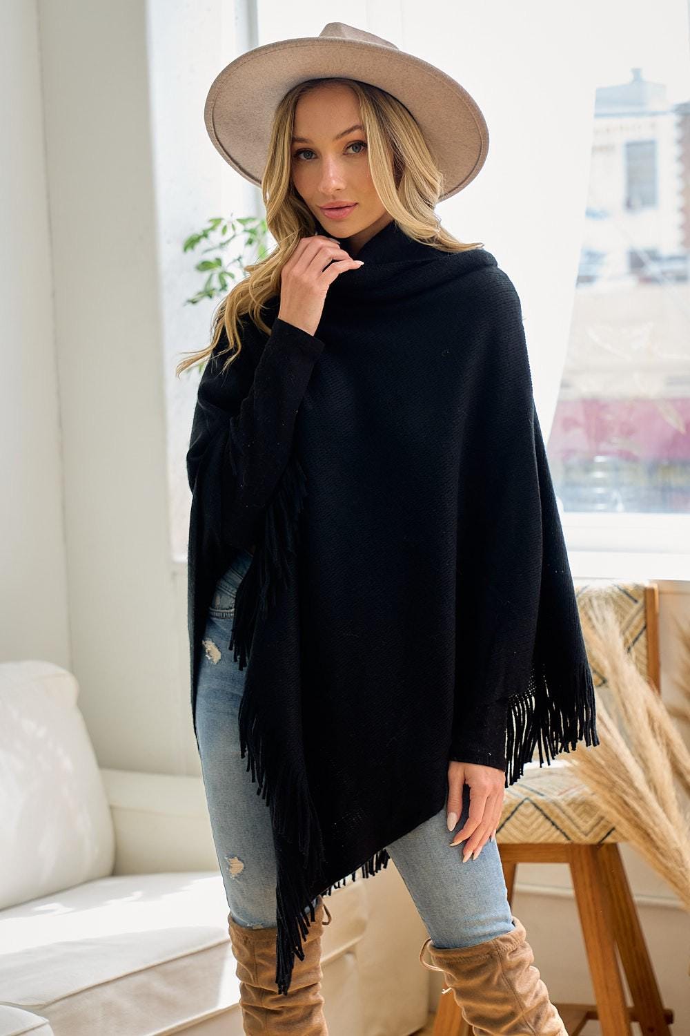 Black Cowl Neck Poncho: Lightweight Fringe Trim Shawl