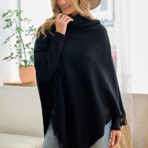 Black Cowl Neck Poncho: Lightweight Fringe Trim Shawl