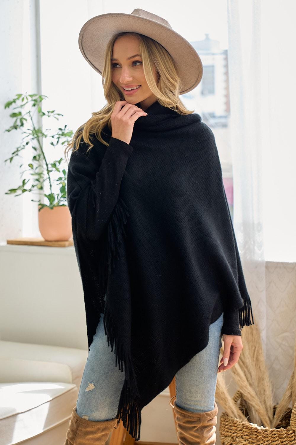 Black Cowl Neck Poncho: Lightweight Fringe Trim Shawl