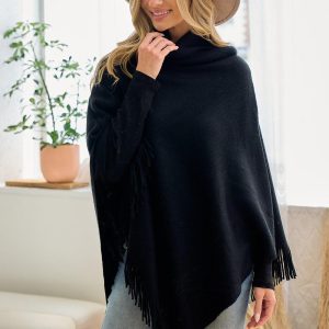 Black Cowl Neck Poncho: Lightweight Fringe Trim Shawl