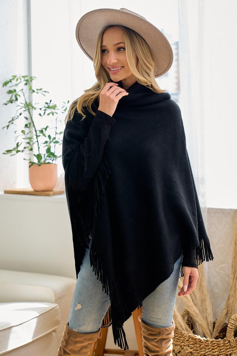 Black Cowl Neck Poncho: Lightweight Fringe Trim Shawl