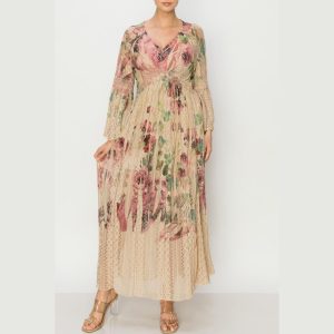 Floral Vintage Lace Dress: Romantic Cottagecore Deepv Maxi
