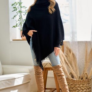 Black Cowl Neck Poncho: Lightweight Fringe Trim Shawl