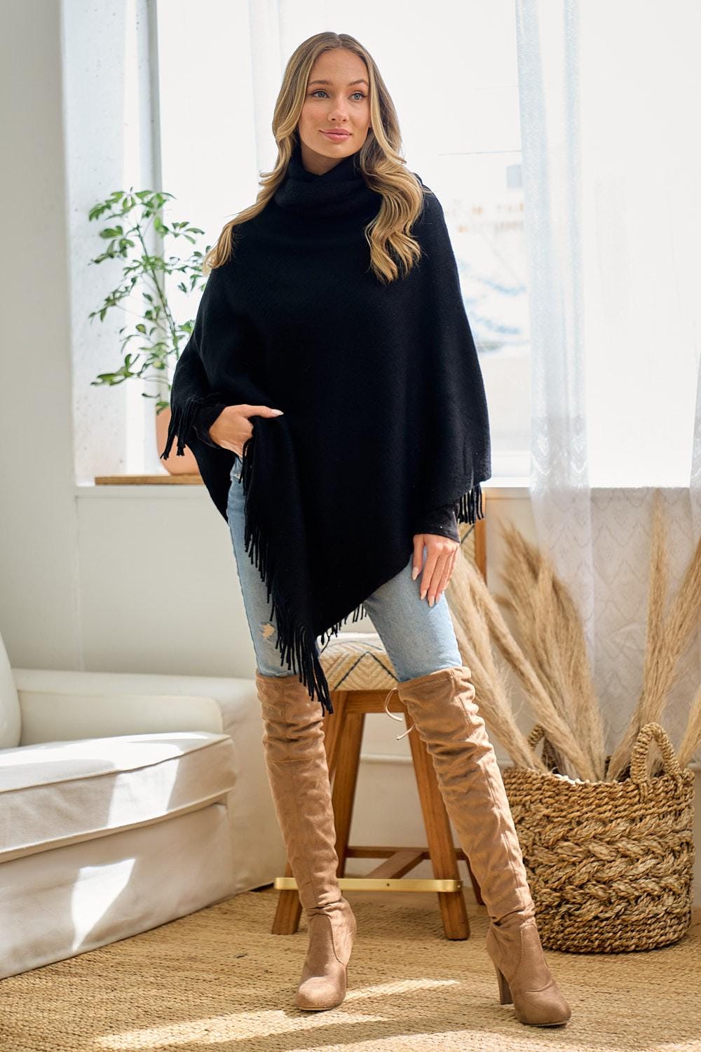 Black Cowl Neck Poncho: Lightweight Fringe Trim Shawl