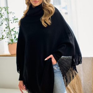 Black Cowl Neck Poncho: Lightweight Fringe Trim Shawl