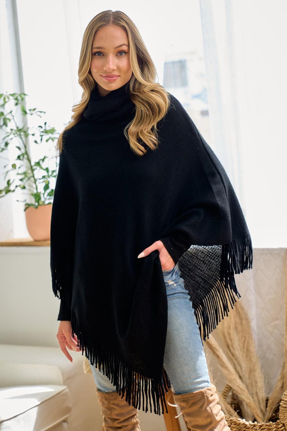 Black Cowl Neck Poncho: Lightweight Fringe Trim Shawl