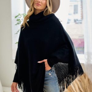 Black Cowl Neck Poncho: Lightweight Fringe Trim Shawl
