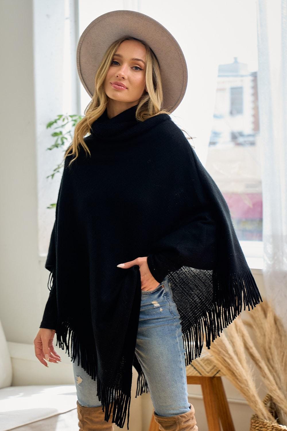 Black Cowl Neck Poncho: Lightweight Fringe Trim Shawl