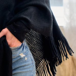 Black Cowl Neck Poncho: Lightweight Fringe Trim Shawl