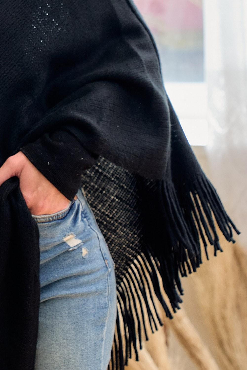 Black Cowl Neck Poncho: Lightweight Fringe Trim Shawl