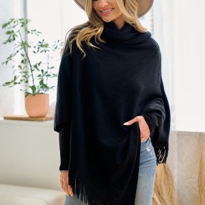 Black Cowl Neck Poncho: Lightweight Fringe Trim Shawl