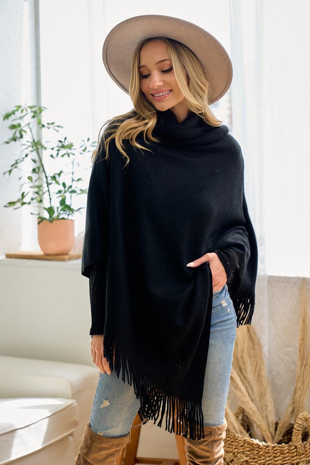 Black Cowl Neck Poncho: Lightweight Fringe Trim Shawl