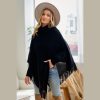 Black Cowl Neck Poncho: Lightweight Fringe Trim Shawl