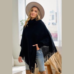 Black Cowl Neck Poncho: Lightweight Fringe Trim Shawl
